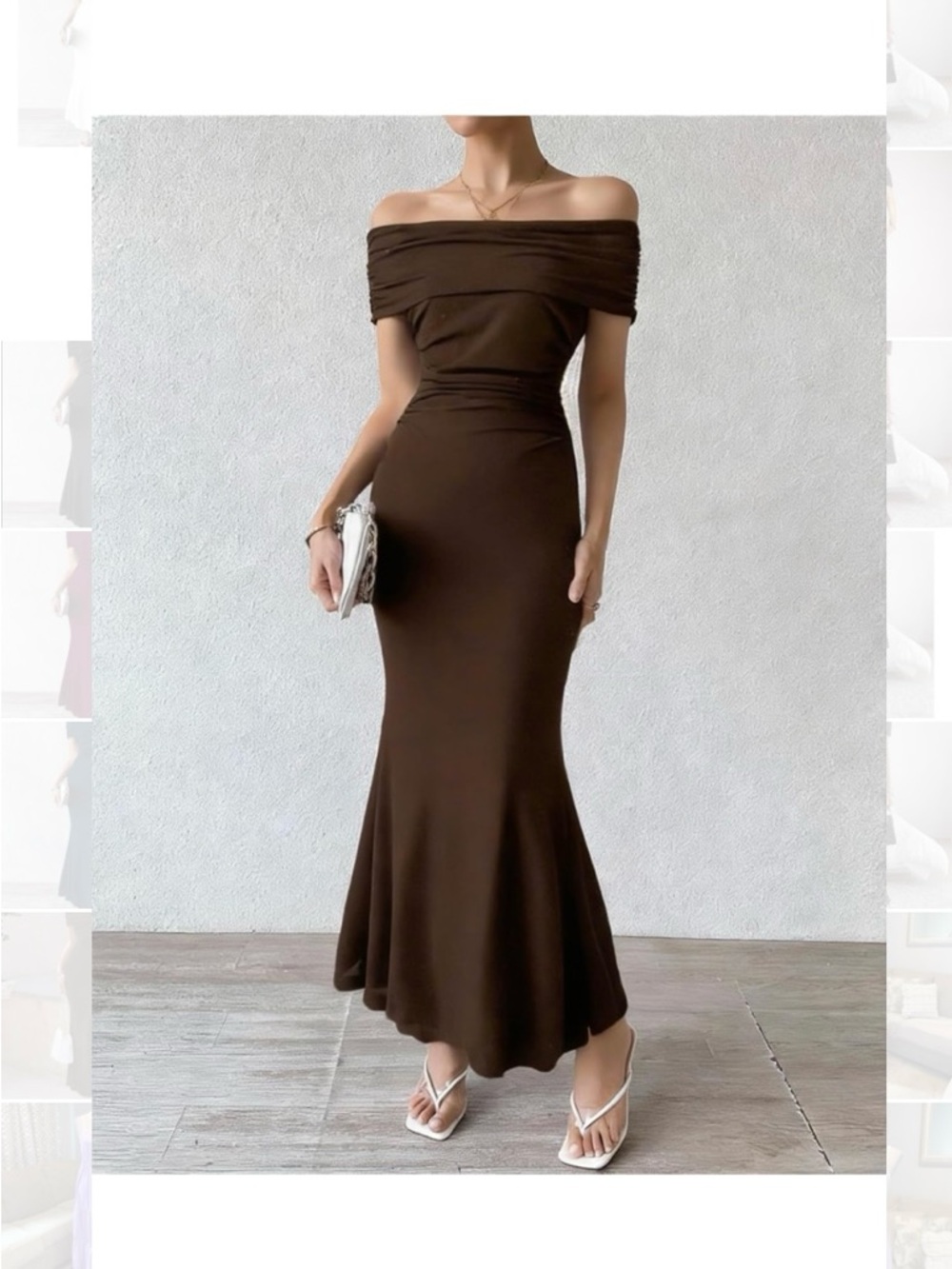 New Women Large Off The Shoulder Brown Ruched Formal Dress